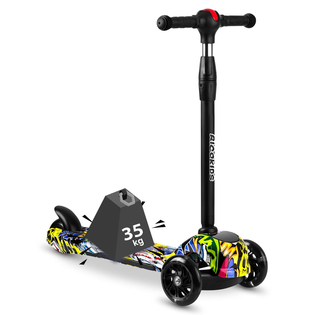 Ricokids Piko juodas triratis paspirtukas vaikams su spalvotais LED ratais ir reguliuojamu vairu