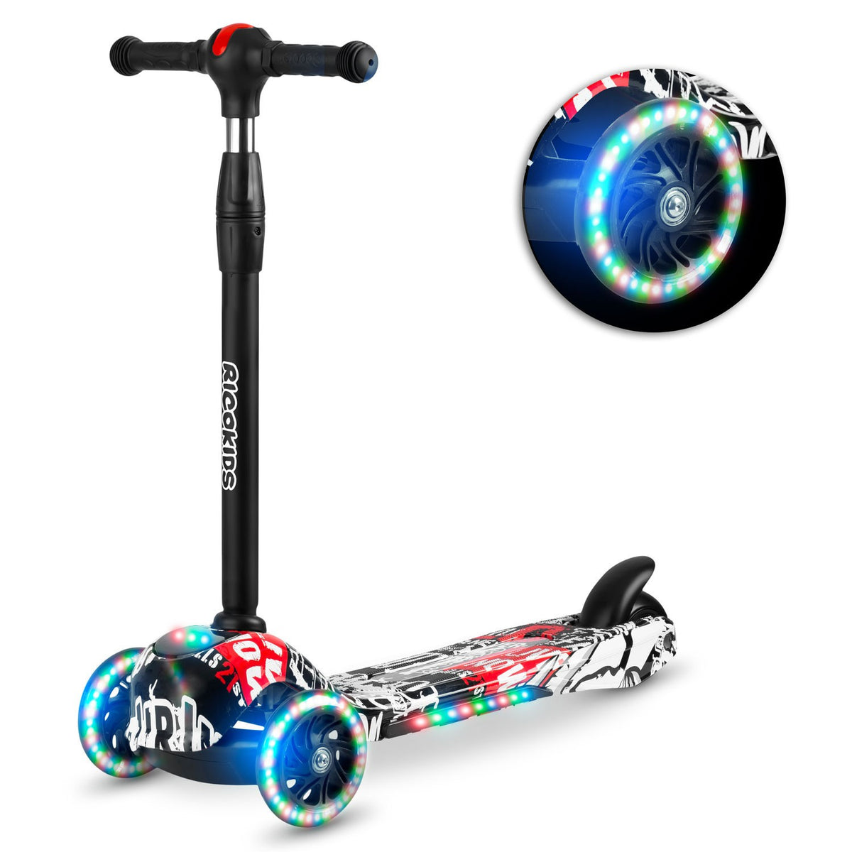 Ricokids Piko triratis paspirtukas vaikams juodas su raudonais ir baltais raštais su LED šviesomis ir reguliuojamu vairu