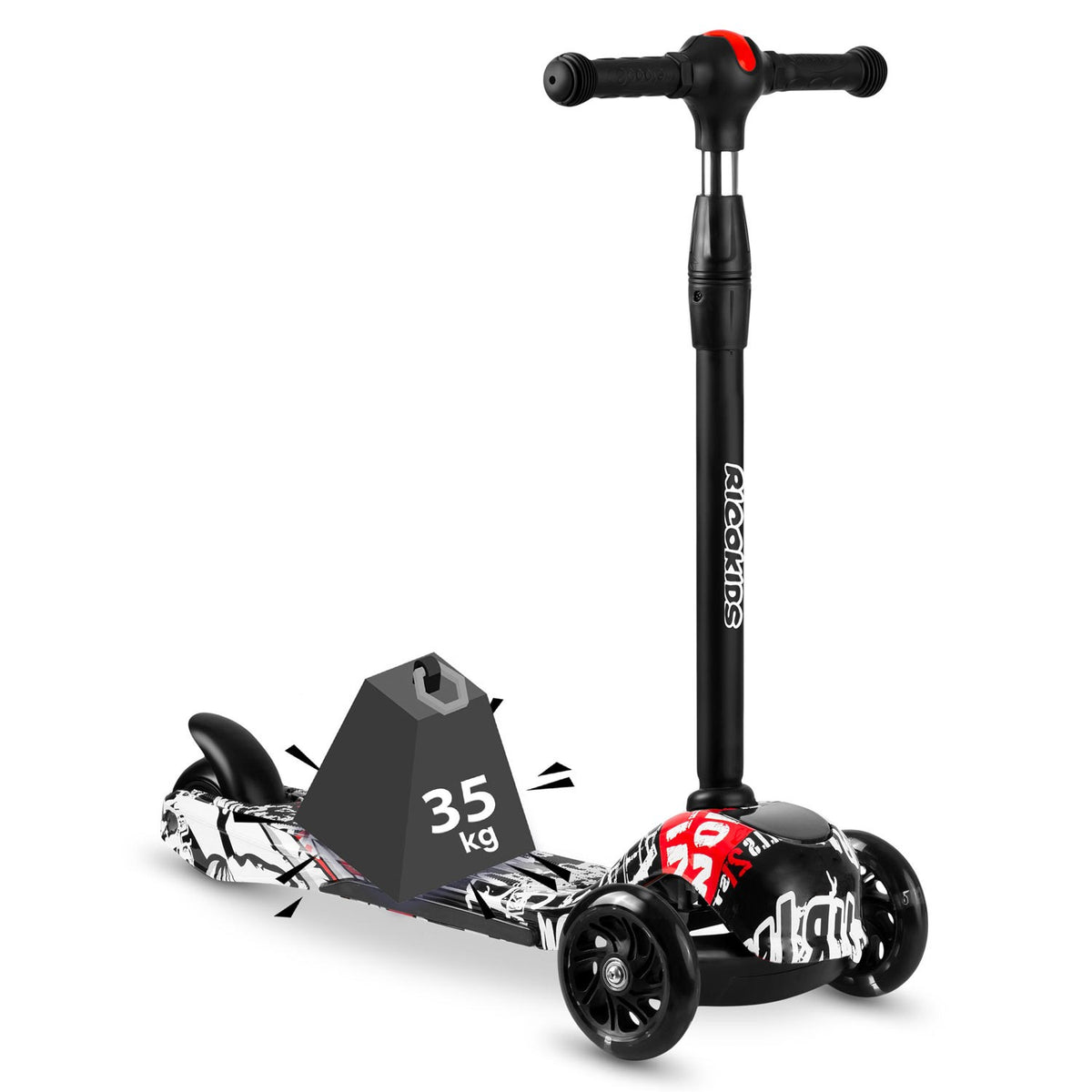 Ricokids Piko triratis paspirtukas - juodas su raudonais ir baltais raštais