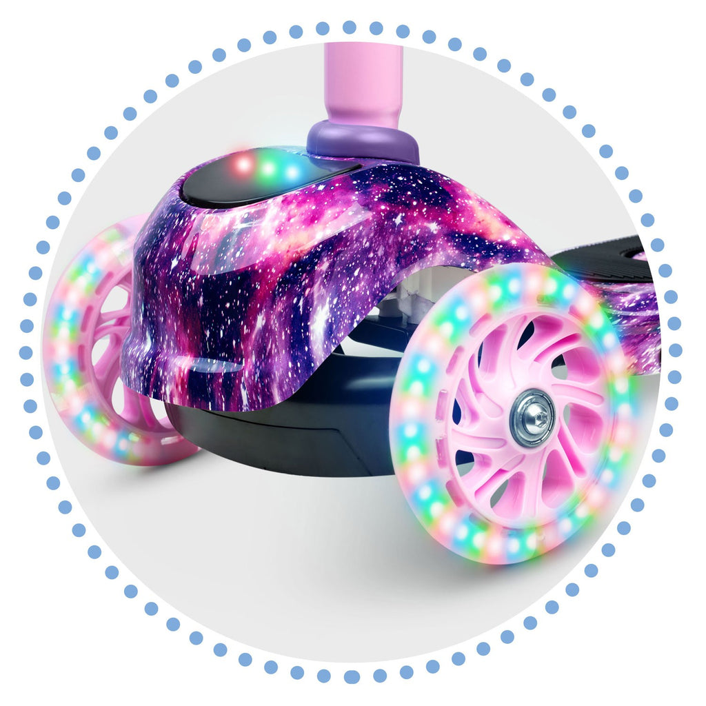 Rožinis ir violetinis Ricokids Piko triratis paspirtukas vaikams su LED šviesomis ir reguliuojamu aukščiu