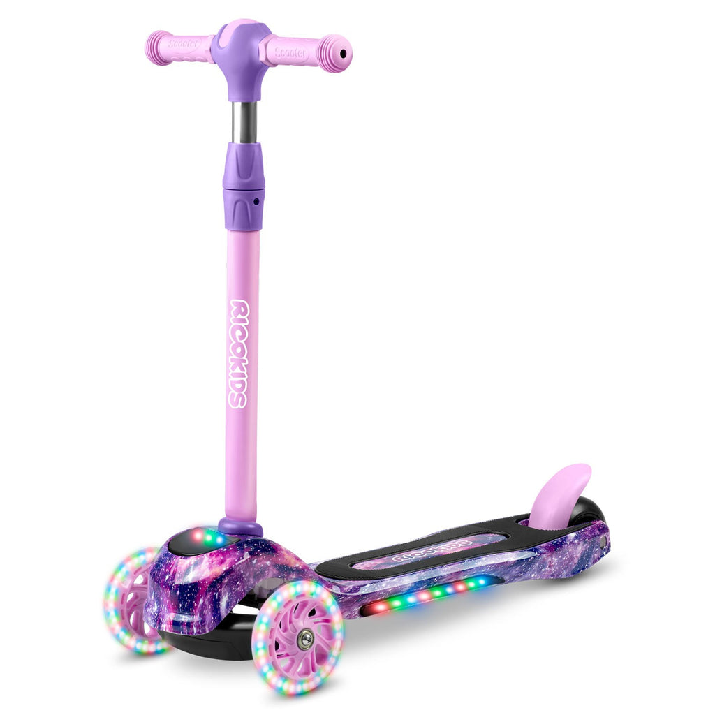 Ricokids Piko rožinis ir violetinis triratis paspirtukas vaikams su LED ratais