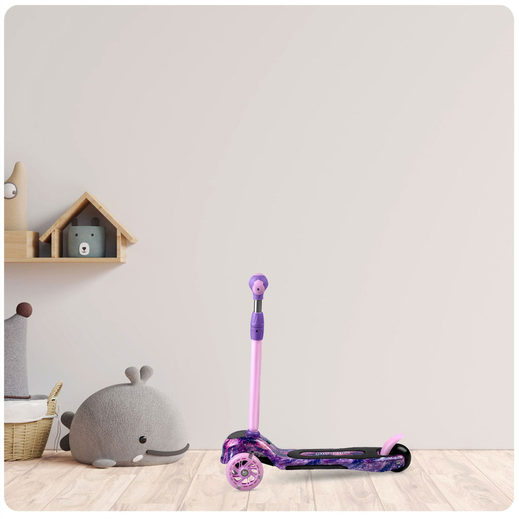 Rožinis ir violetinis Ricokids Piko triratis paspirtukas vaikams su LED šviesomis ir balansiniu vairavimu