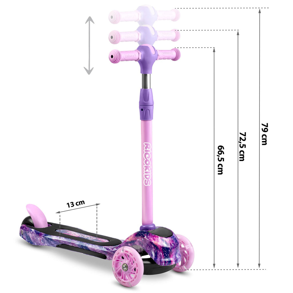 Ricokids Piko triratis paspirtukas vaikams rožinės ir violetinės spalvos su LED šviesomis ir balansiniu vairavimu