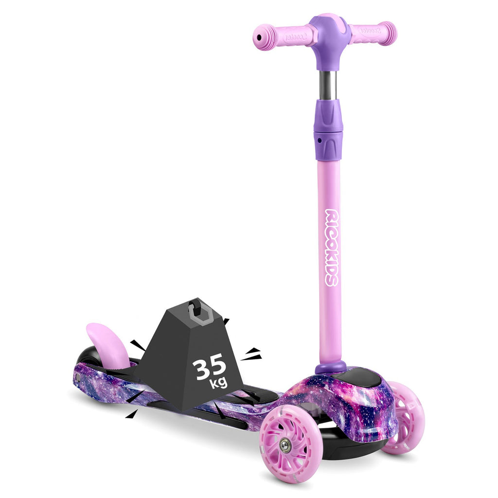 Ricokids Piko rožinis ir violetinis triratis paspirtukas vaikams su LED šviesomis