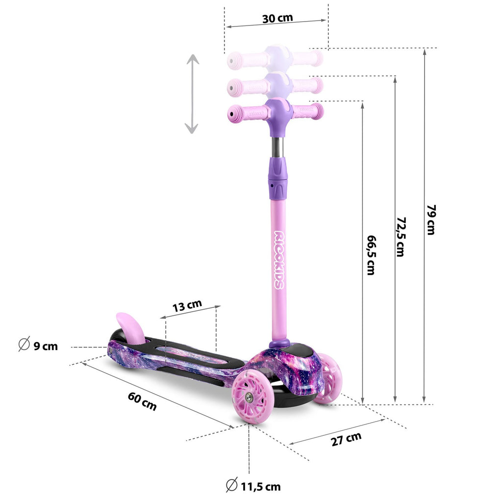Ricokids Piko triratis paspirtukas vaikams rožinės ir violetinės spalvos su LED šviesomis