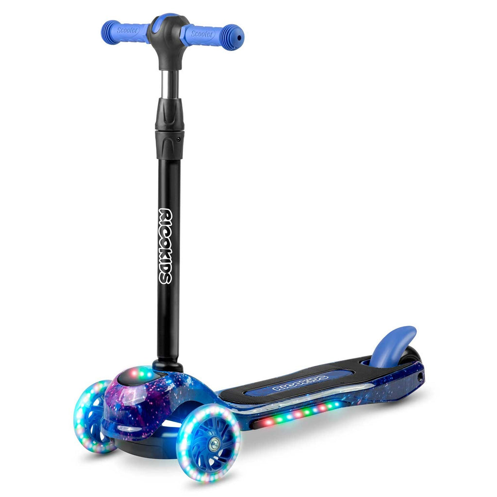 Ricokids Piko triratis paspirtukas vaikams su LED šviesomis juodas mėlynas balansinis paspirtukas su reguliuojamu vairu ir guminiais ratais