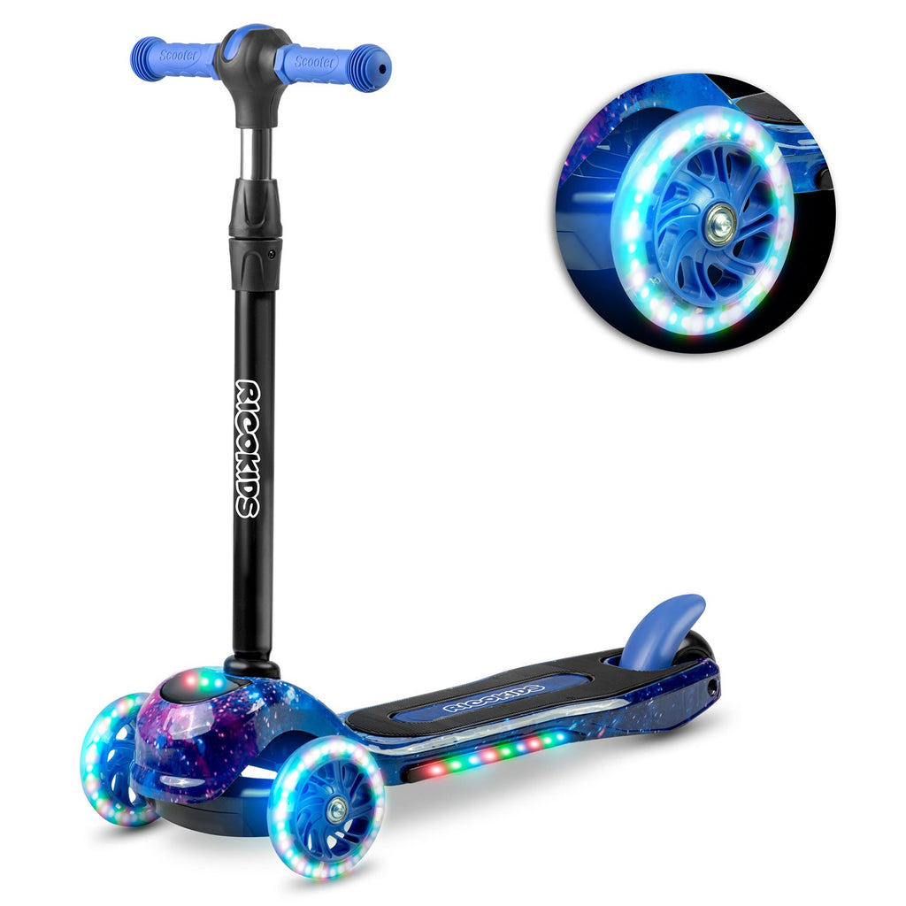 Ricokids Piko juodas mėlynas triratis paspirtukas vaikams su LED ratais ir reguliuojamu vairu