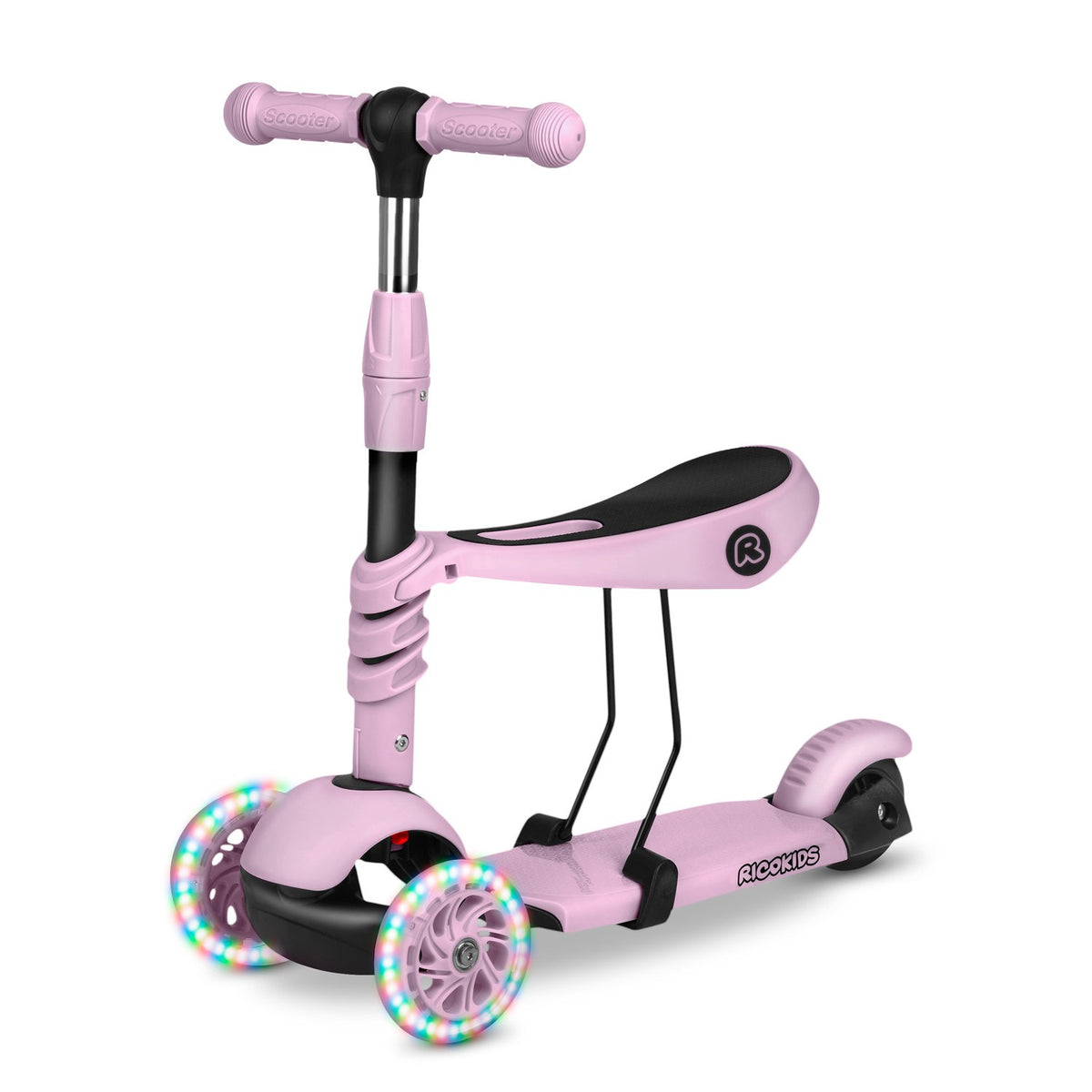 Ricokids Cubi 3-in-1 rožinis triratis paspirtukas vaikams su LED šviečiančiais ratais ir reguliuojama sėdyne