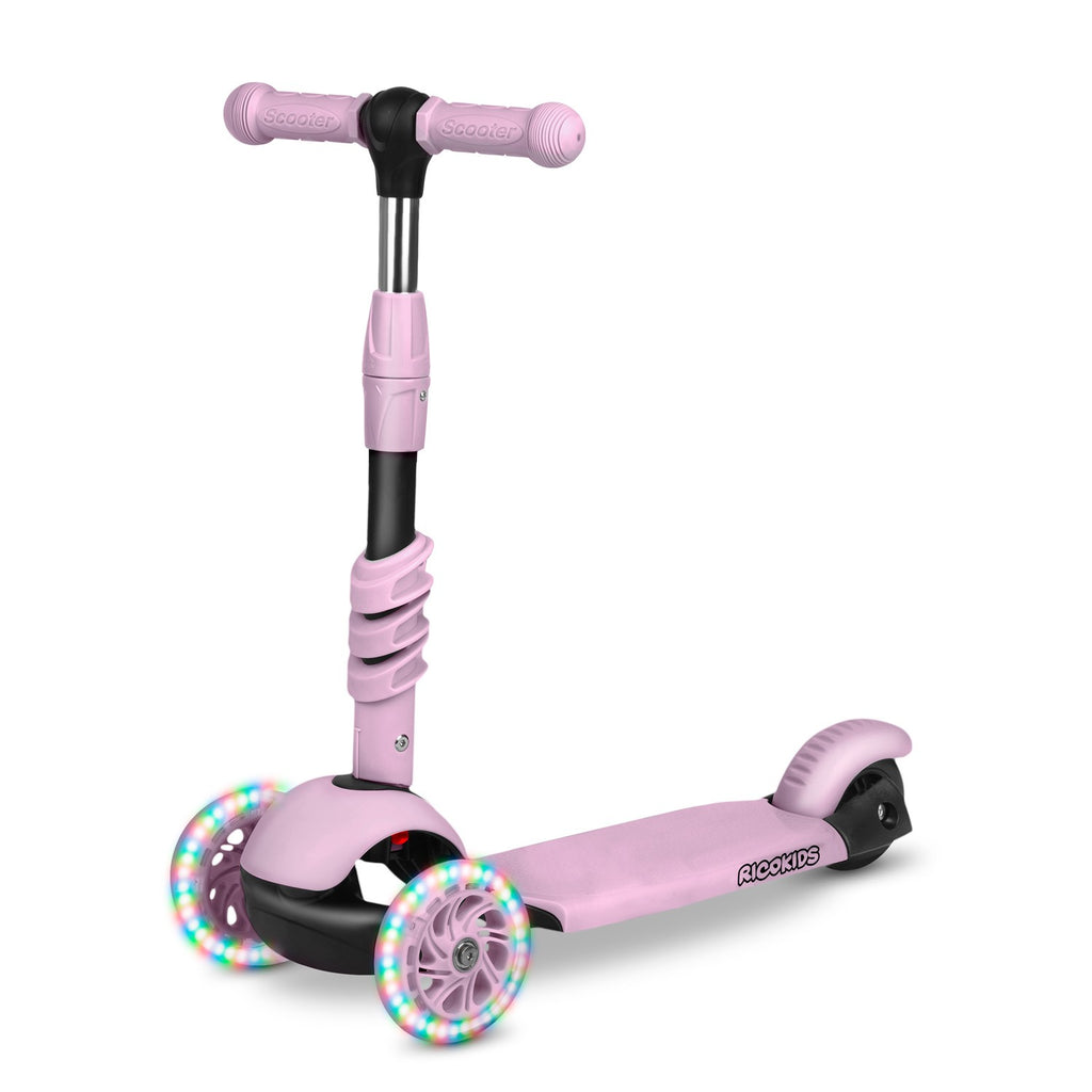 Rožinis Ricokids Cubi 3-in-1 triratis paspirtukas vaikams su LED ratais