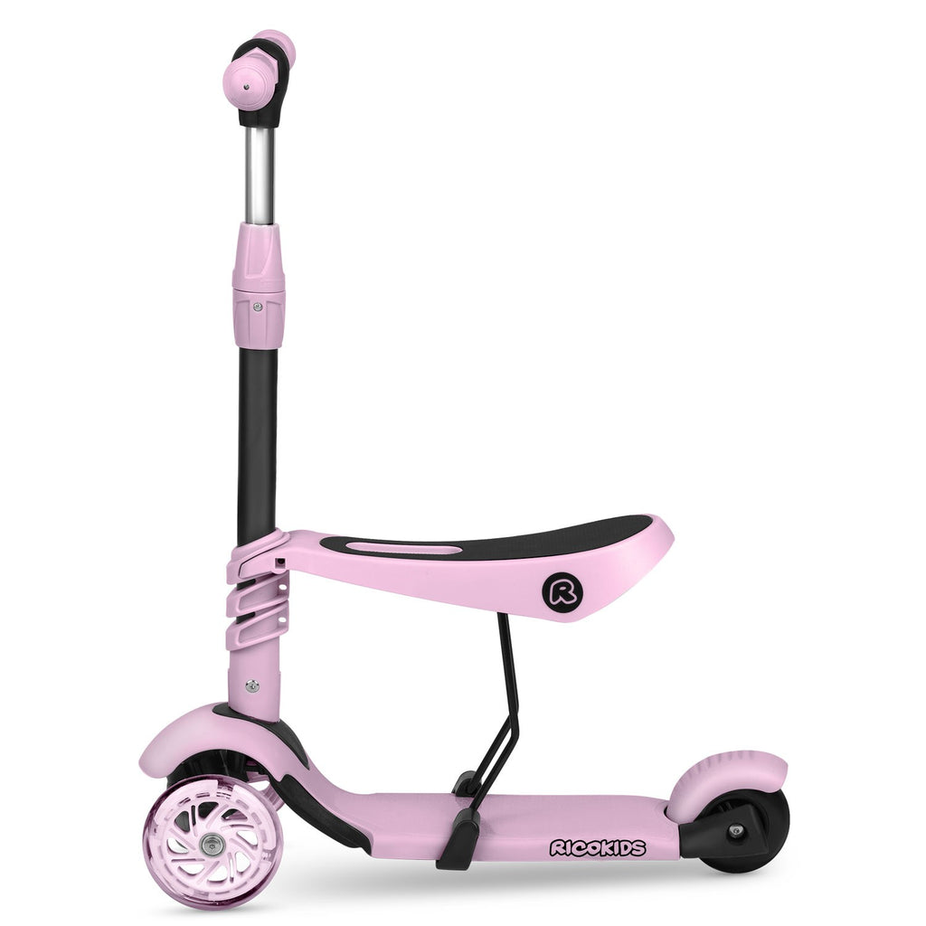Ricokids Cubi 3-in-1 rožinis triratis paspirtukas vaikams su LED ratukais ir reguliuojama sėdyne