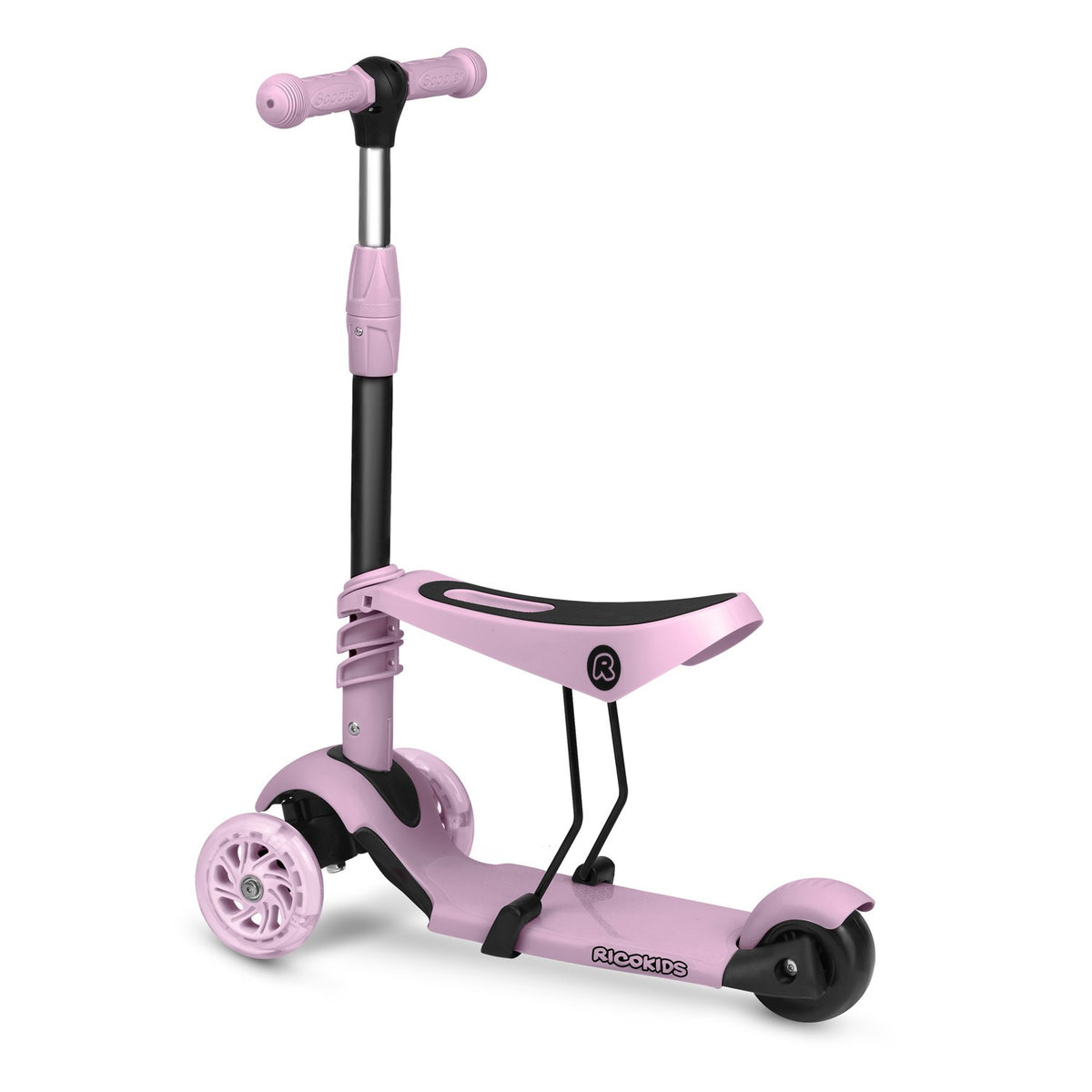 Ricokids Cubi triratis paspirtukas rožinis vaikams su LED ratais ir reguliuojama sėdyne