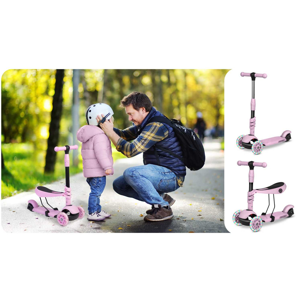 Rožinis triratis paspirtukas vaikams Ricokids Cubi 3-in-1 su LED ratais ir reguliuojama sėdyne