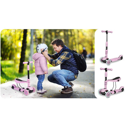 Rožinis triratis paspirtukas vaikams Ricokids Cubi 3-in-1 su LED ratais ir reguliuojama sėdyne