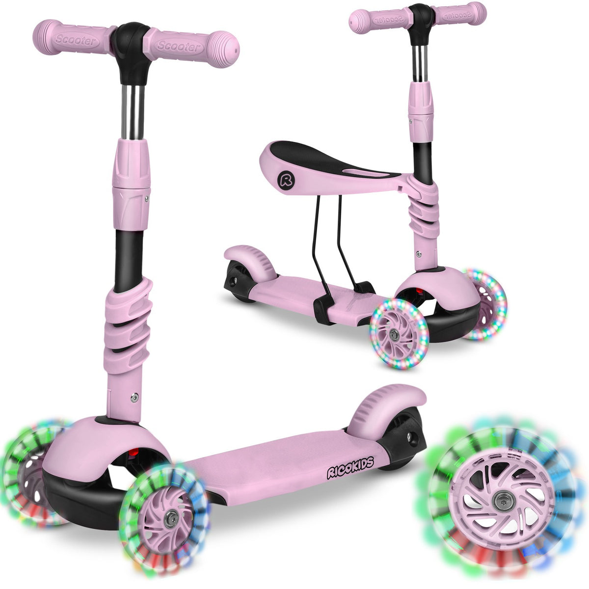 Ricokids Cubi triratis paspirtukas vaikams rožinis 3-in-1 su LED ratais ir reguliuojama sėdyne