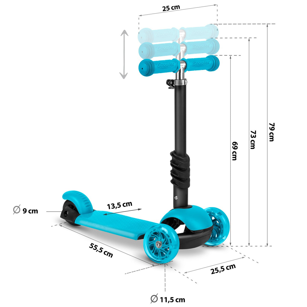 Ricokids triratis paspirtukas vaikams 3in1 turkio spalvos su LED ratais ir reguliuojama sėdyne