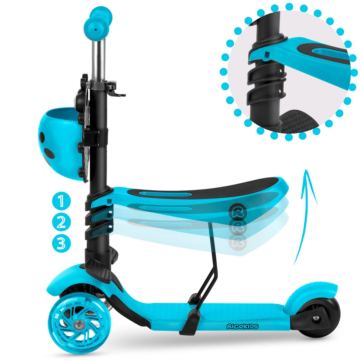 Ricokids triratis paspirtukas vaikams turkio spalvos su reguliuojama sėdyne ir LED ratais