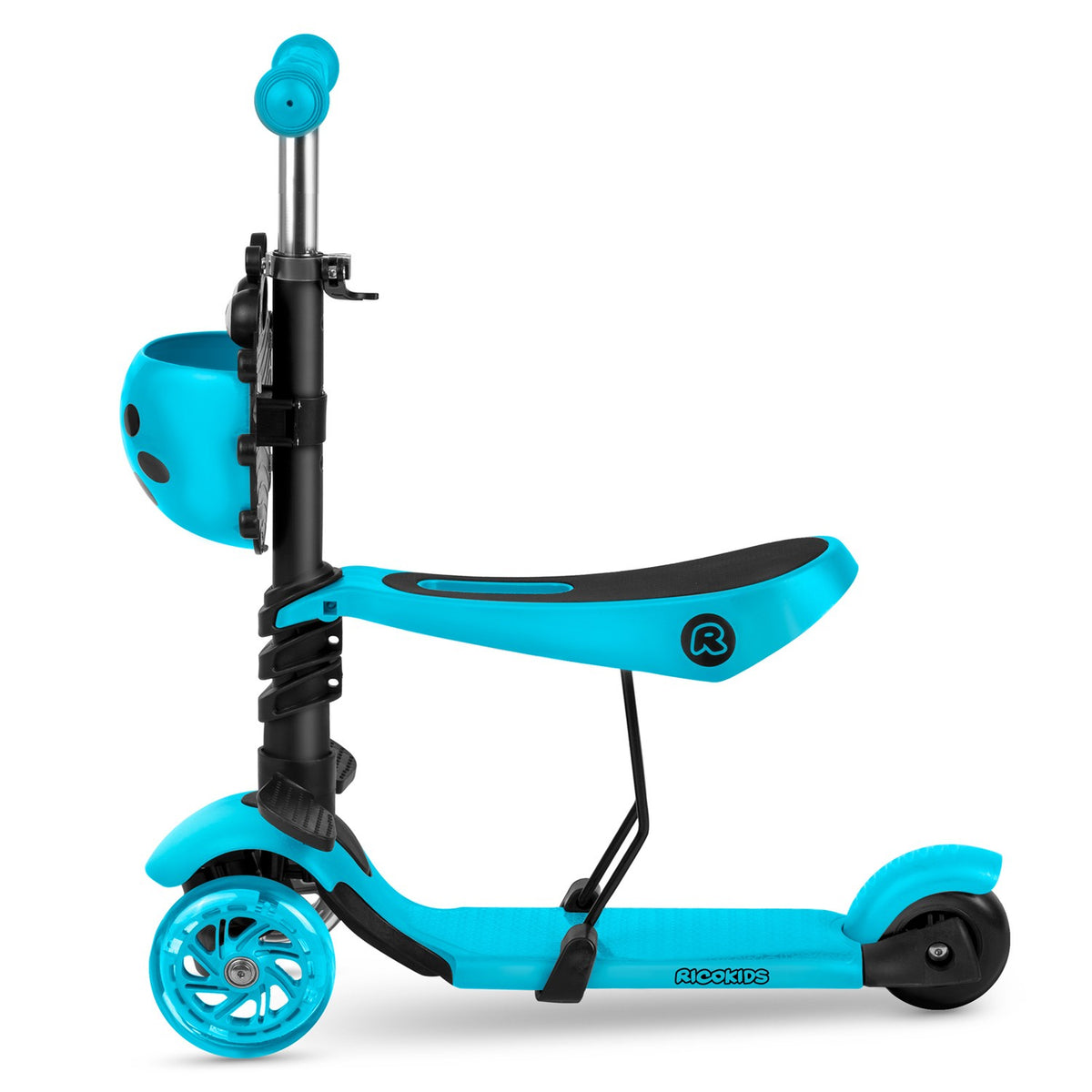 Ricokids Buggy triratis paspirtukas vaikams turkio spalvos 3in1 su reguliuojama sėdyne ir LED ratais