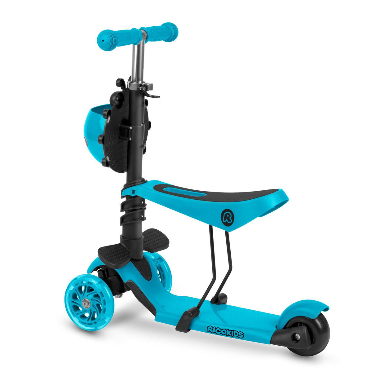 Ricokids Buggy triratis paspirtukas vaikams turkio spalvos 3in1 su reguliuojama sėdyne šviečiančiais ratais ir krepšeliu