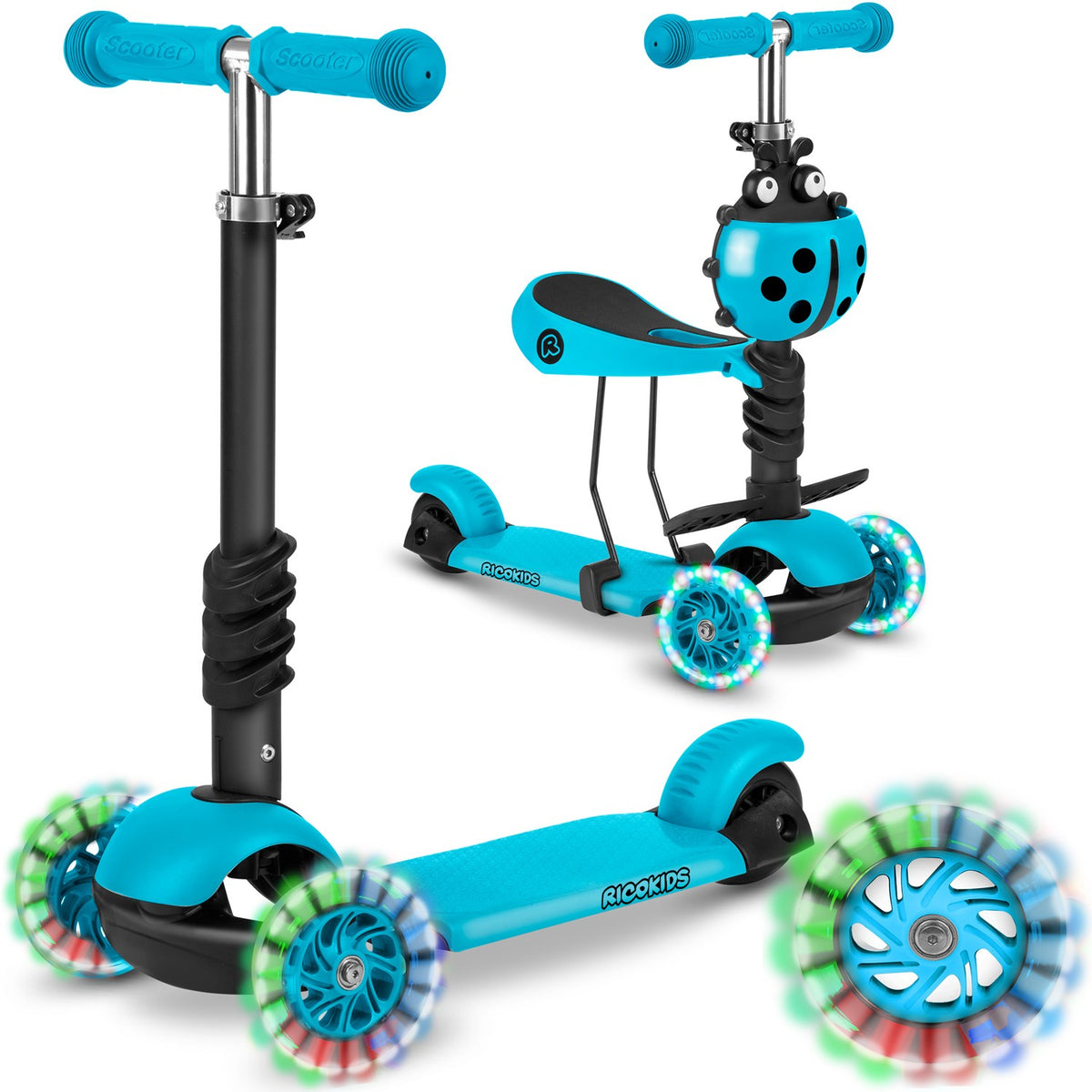 Triratis paspirtukas vaikams Ricokids Buggy 3in1 turkio spalvos su LED ratais ir reguliuojama sėdyne