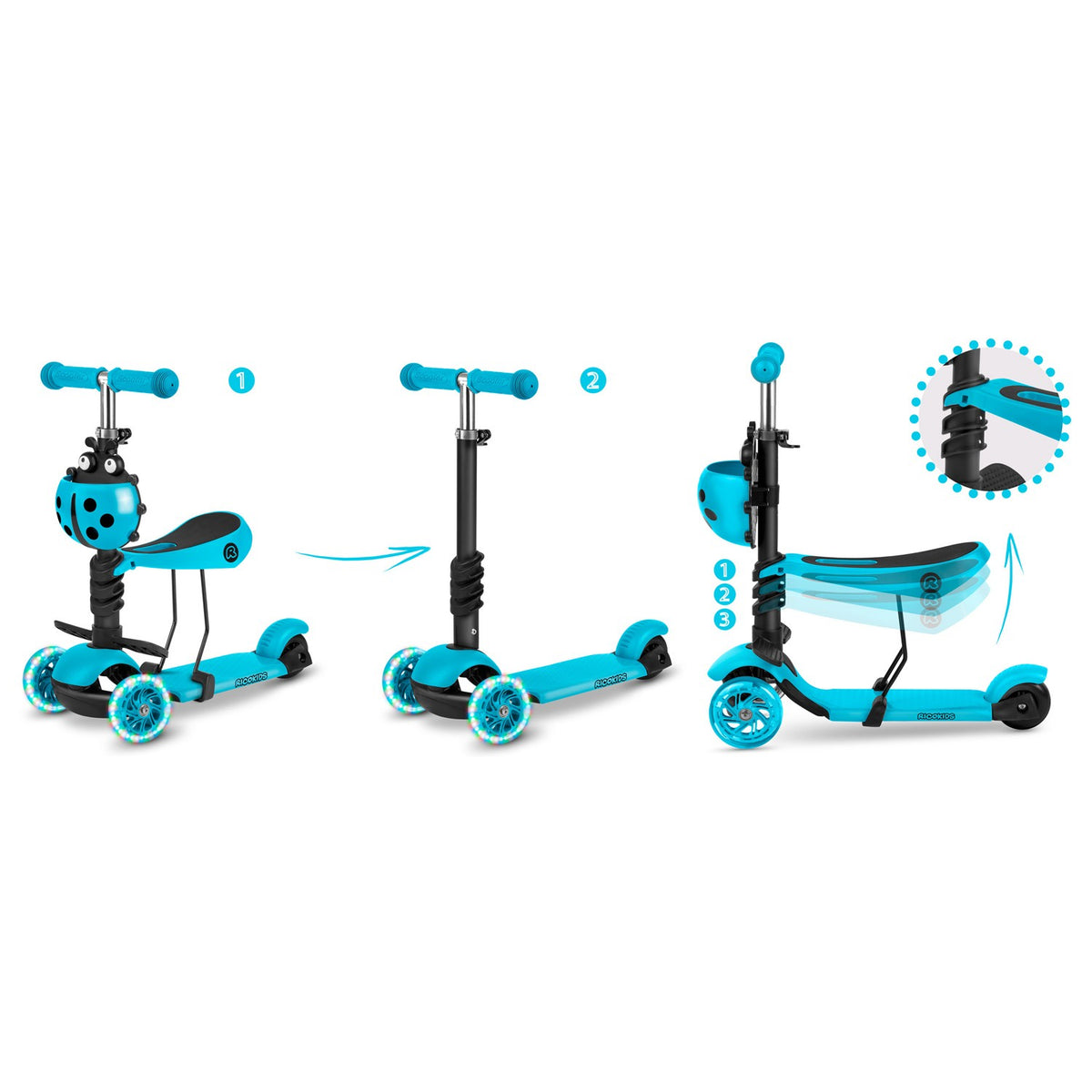 Turkio spalvos Ricokids Buggy triratis paspirtukas vaikams 3in1 su LED ratais ir reguliuojama sėdyne