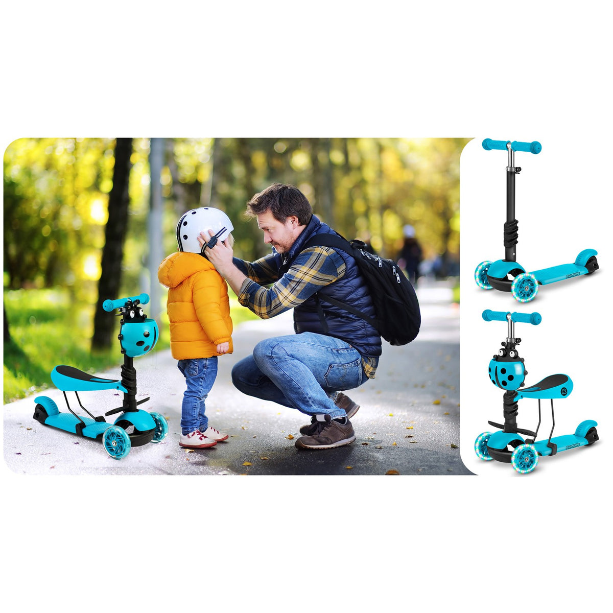 Ricokids Buggy triratis paspirtukas vaikams turkio spalvos 3in1 su šviečiančiais LED ratais ir reguliuojama sėdyne