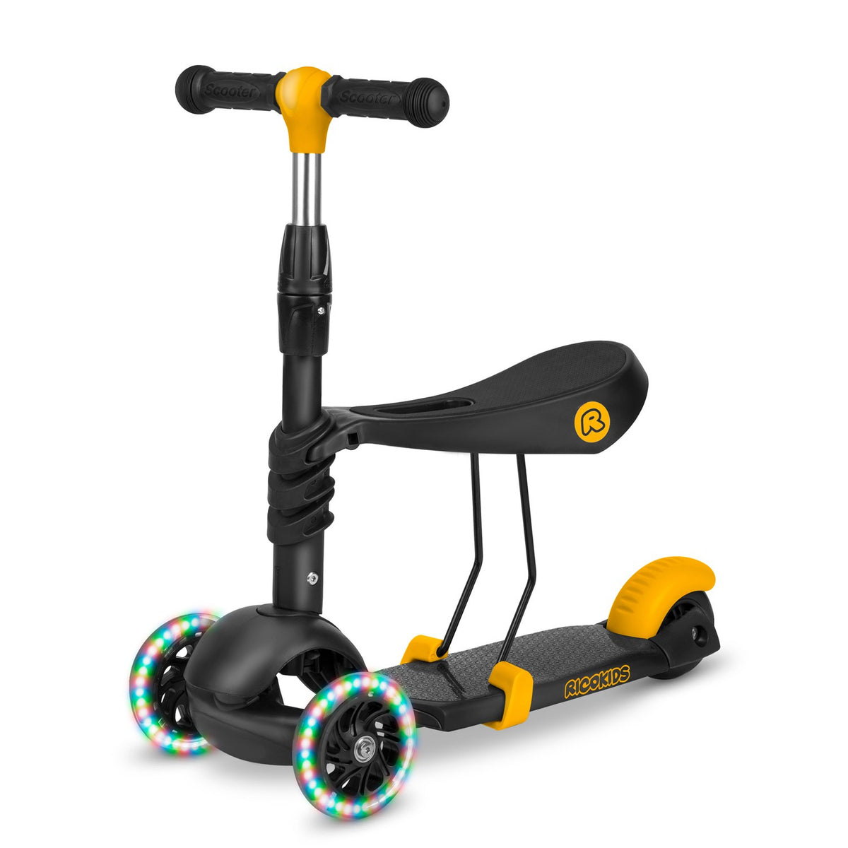 Ricokids Cubi juodas ir oranžinis triratis balansinis paspirtukas vaikams su LED ratukais ir reguliuojama sėdyne