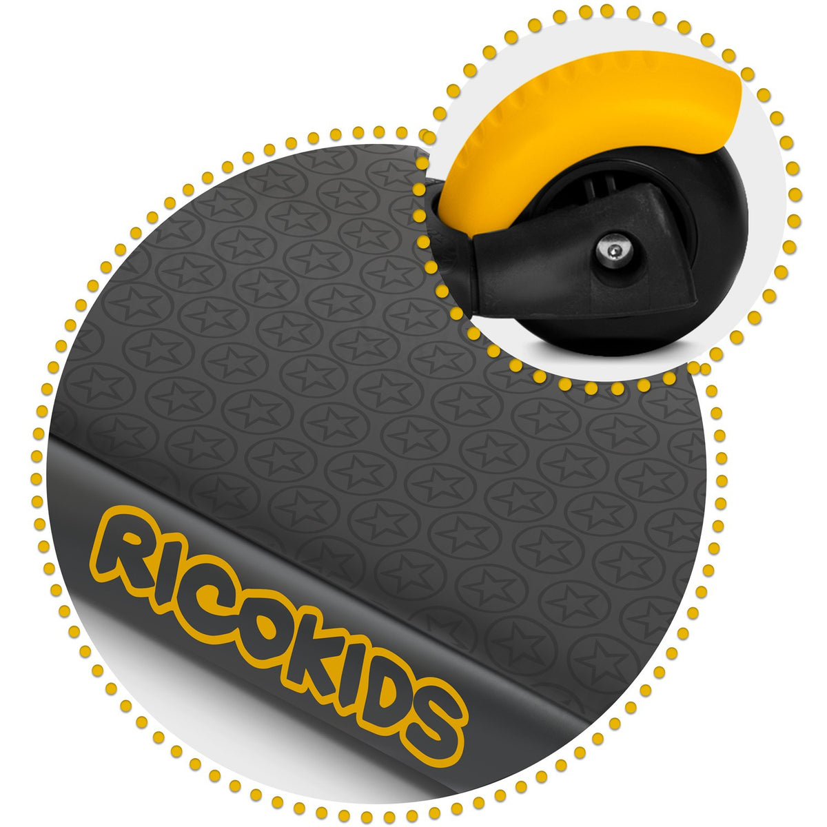 Ricokids Cubi triratis paspirtukas vaikams juodos ir oranžinės spalvos su LED ratukais ir reguliuojama sėdyne