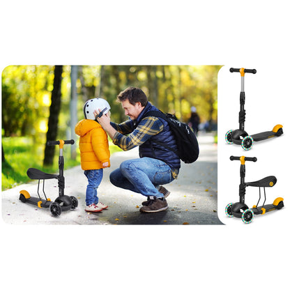 Ricokids Cubi triratis paspirtukas vaikams juodos ir oranžinės spalvos su šviečiančiais ratais ir reguliuojama sėdyne