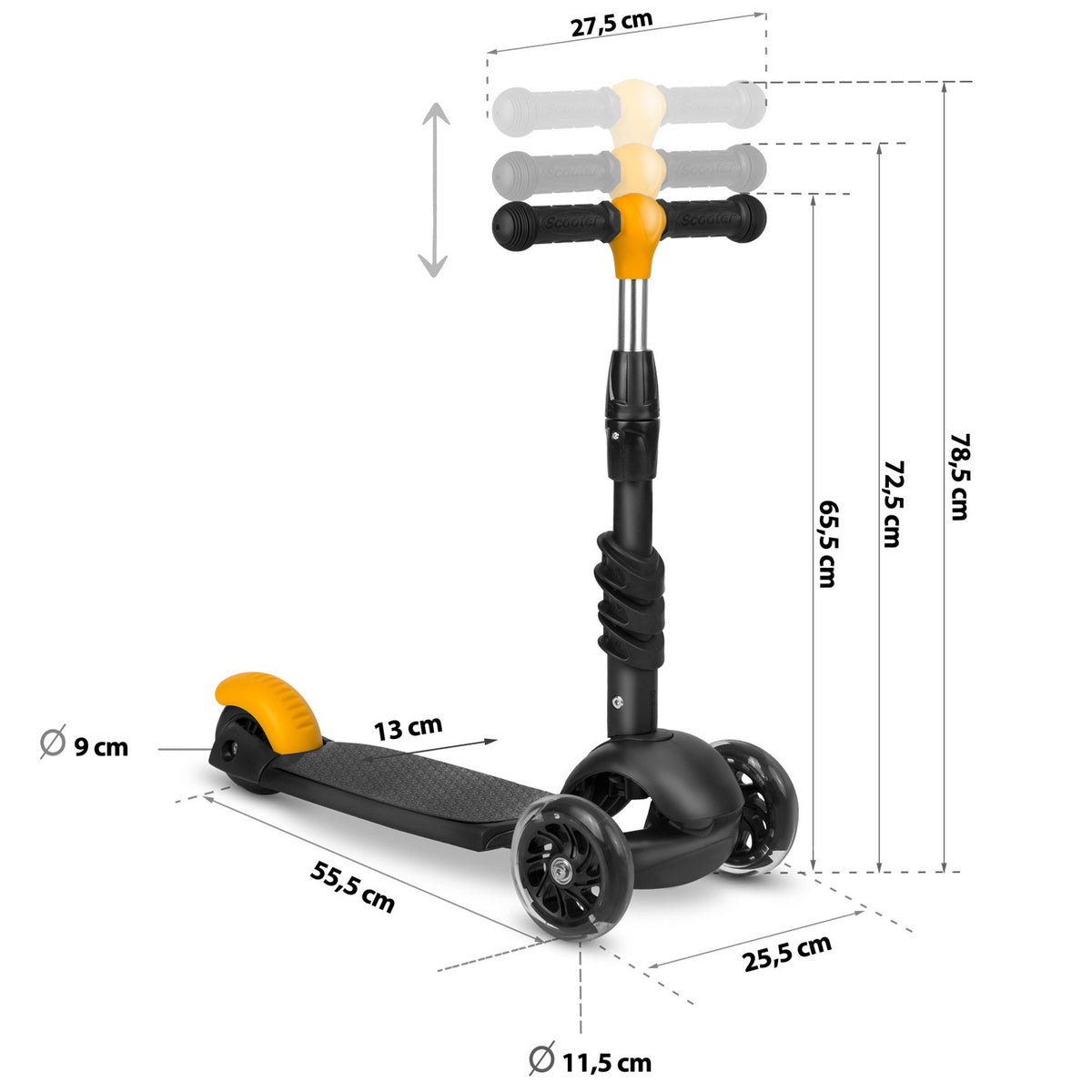 Ricokids Cubi 3 viename triratis paspirtukas vaikams juodos ir oranžinės spalvos su LED ratukais