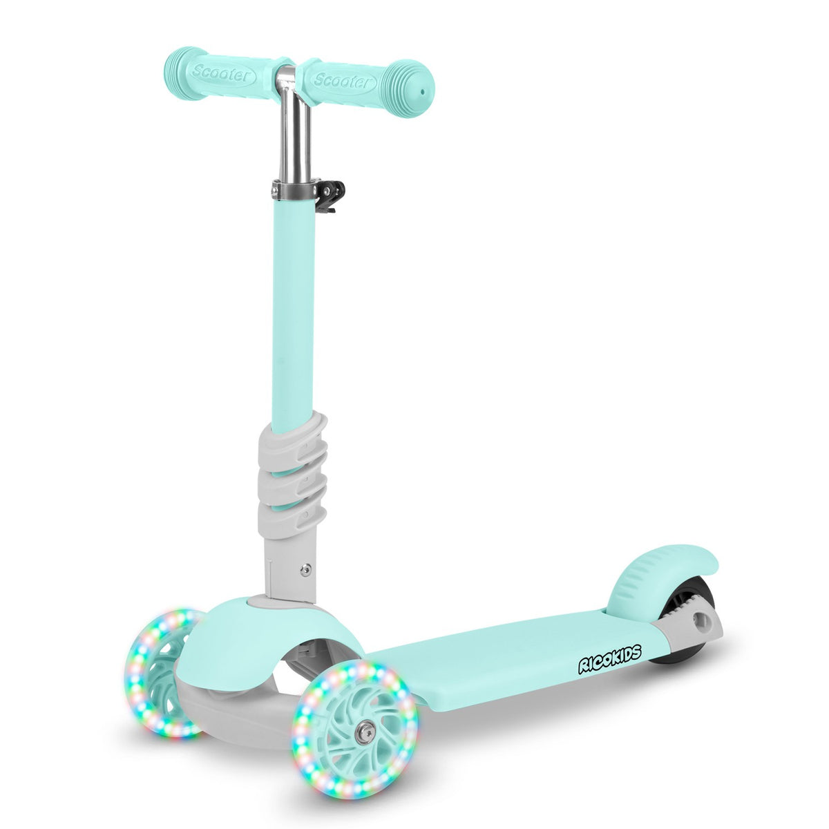 Ricokids 3in1 triratis balansinis paspirtukas vaikams mėtų spalvos su LED ratukais ir boružėlės formos krepšeliu