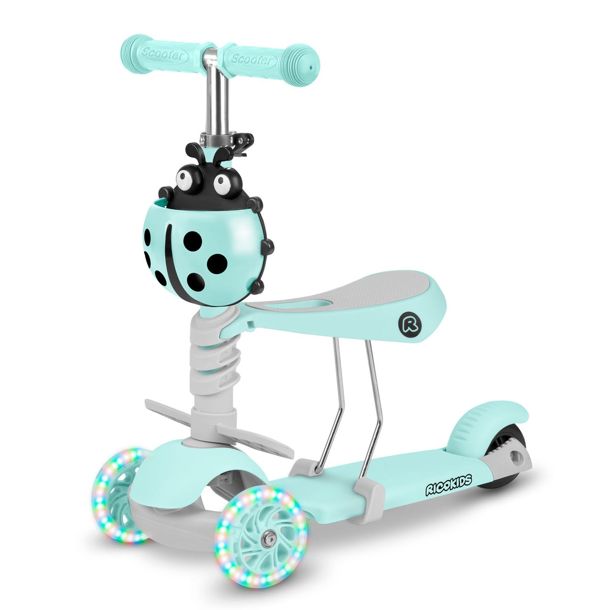 Ricokids 3in1 balansinis triratis paspirtukas vaikams mėtų spalvos su LED ratais ir boružėlės formos krepšeliu