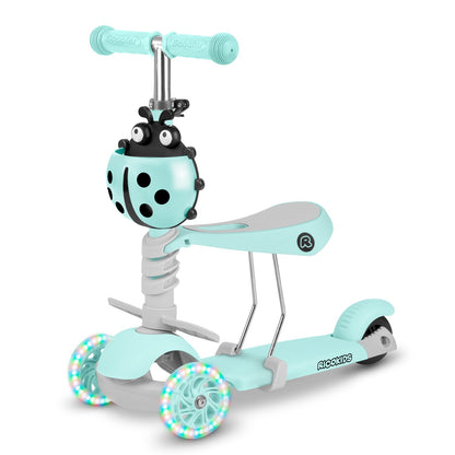 Ricokids 3in1 balansinis triratis paspirtukas vaikams mėtų spalvos su LED ratais ir boružėlės formos krepšeliu