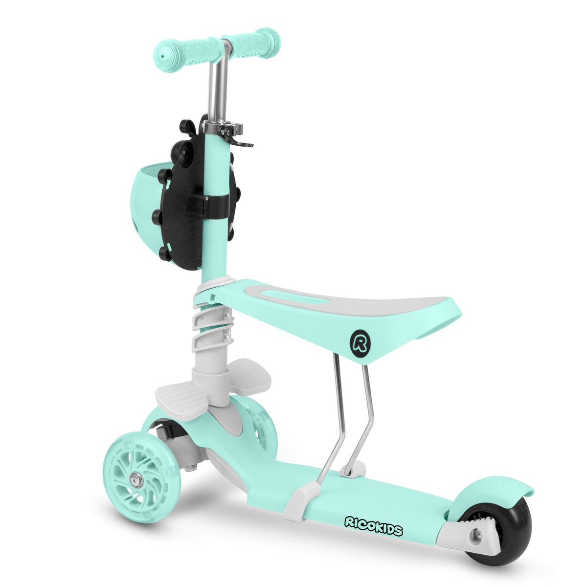 Ricokids mėtų spalvos 3in1 balansinis triratis paspirtukas vaikams su LED ratais ir boružėlės formos krepšeliu