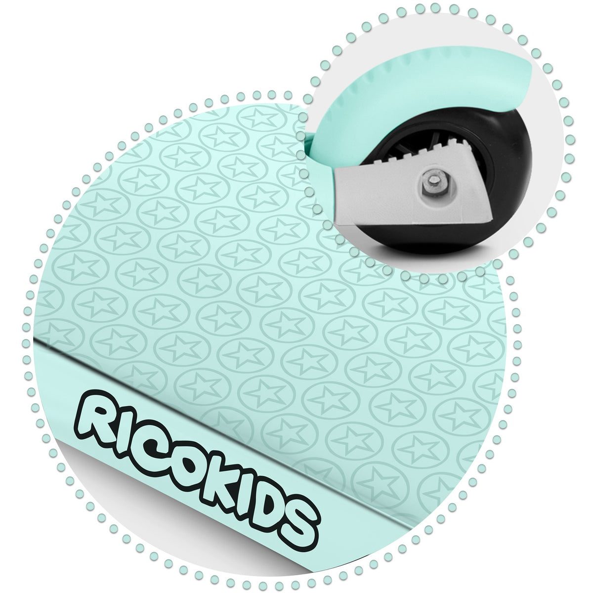 Ricokids mėtų spalvos triratis balansinis paspirtukas vaikams su LED ratais ir boružėlės formos krepšeliu