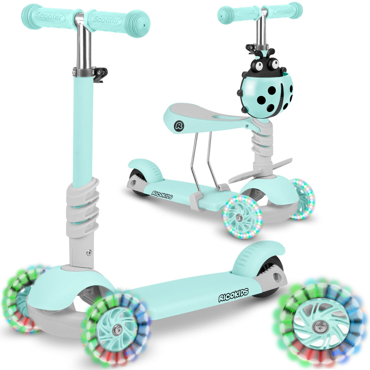 Ricokids 3in1 balansinis triratis paspirtukas vaikams mėtų spalvos su LED ratais ir boružėlės formos krepšeliu