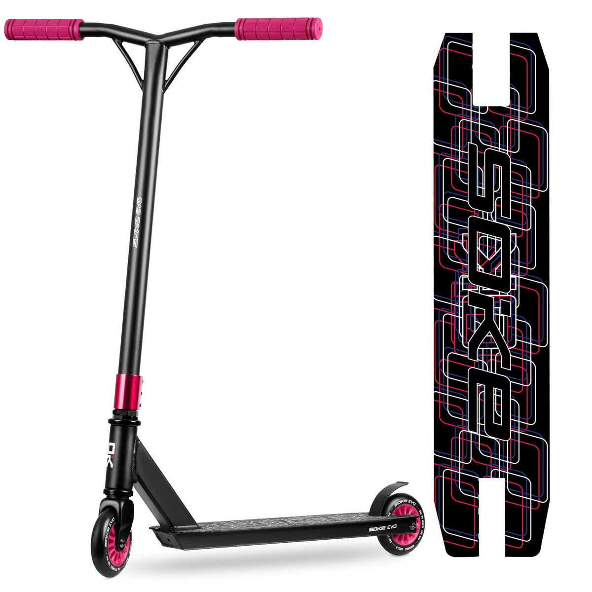 Rubino spalvos triukinis paspirtukas SOKE EVO profesionaliam sportui ir skate parkui