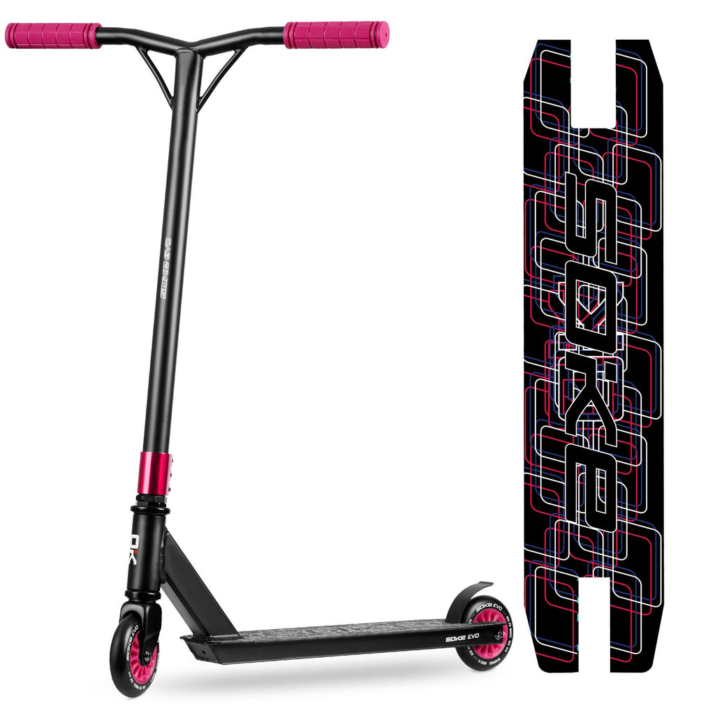 Rubino spalvos triukinis paspirtukas SOKE EVO profesionaliam sportui ir skate parkui