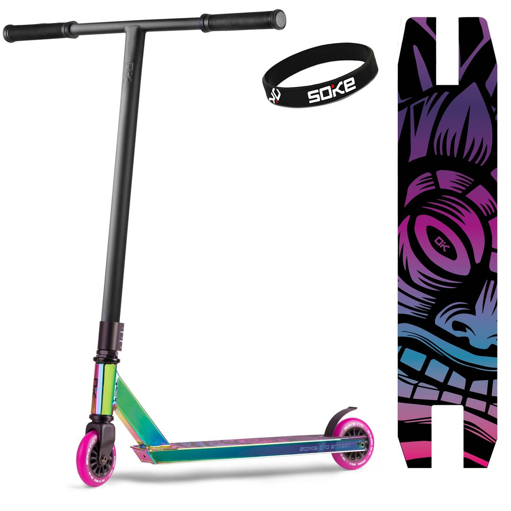 SOKE EVO Street Black Neochrome triukinis paspirtukas profesionalams su ABEC-9 guoliais ir PU ratais skate parkui ir gatvės triukams
