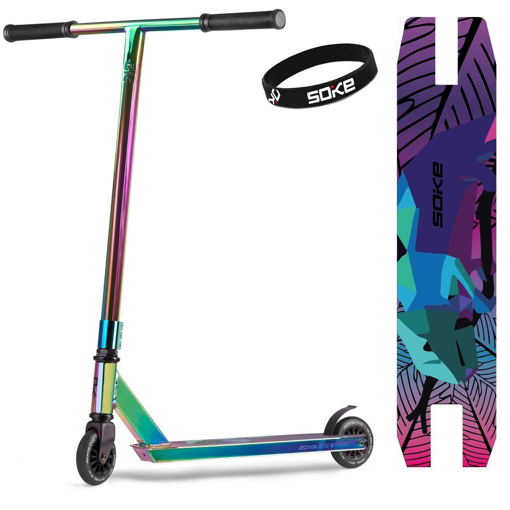 Triukinis paspirtukas SOKE EVO Street Neochrome su ABEC-9 guoliais ir 100 mm ratais skate parkui ir miesto triukams