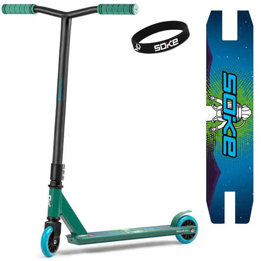 Triukinis paspirtukas SOKE GO žalia mėlyna su ABEC-9 guoliais ir 100 mm PU ratais skate parkui
