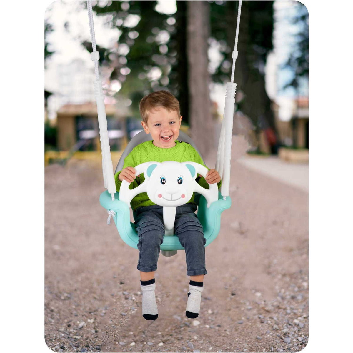 Turkio spalvos 3in1 meškiuko formos vaikiška supynė Ricokids naudoti viduje ir lauke nuo 6 mėn iki 7 metų