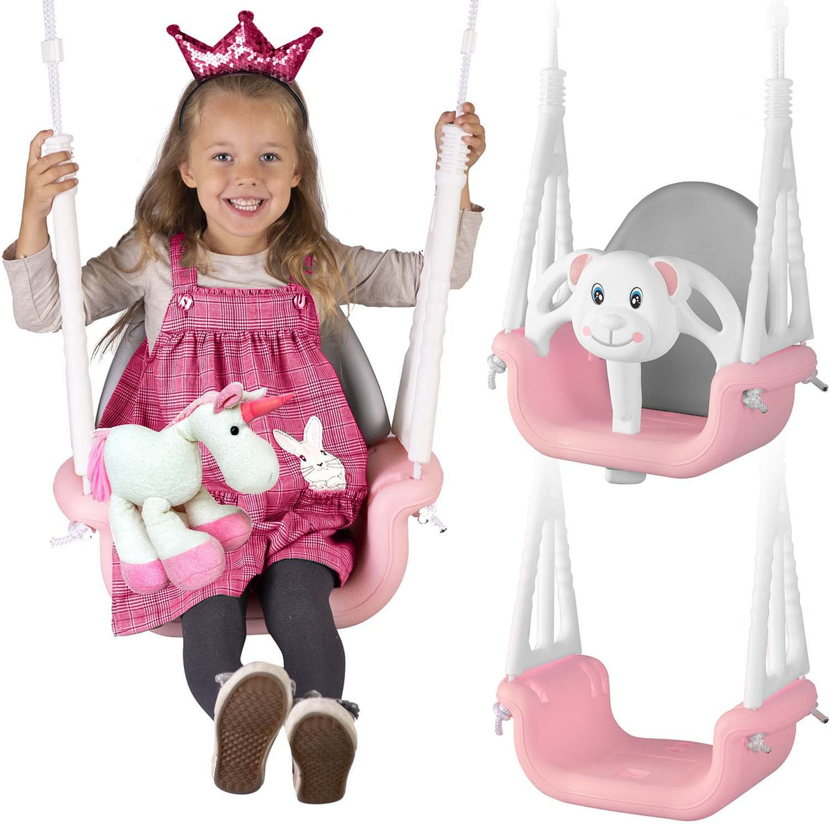 Rožinės 3-in-1 meškiuko formos vaikų supynės Ricokids su kibirėliu nuo 6 mėn iki 7 metų naudojimui viduje ir lauke