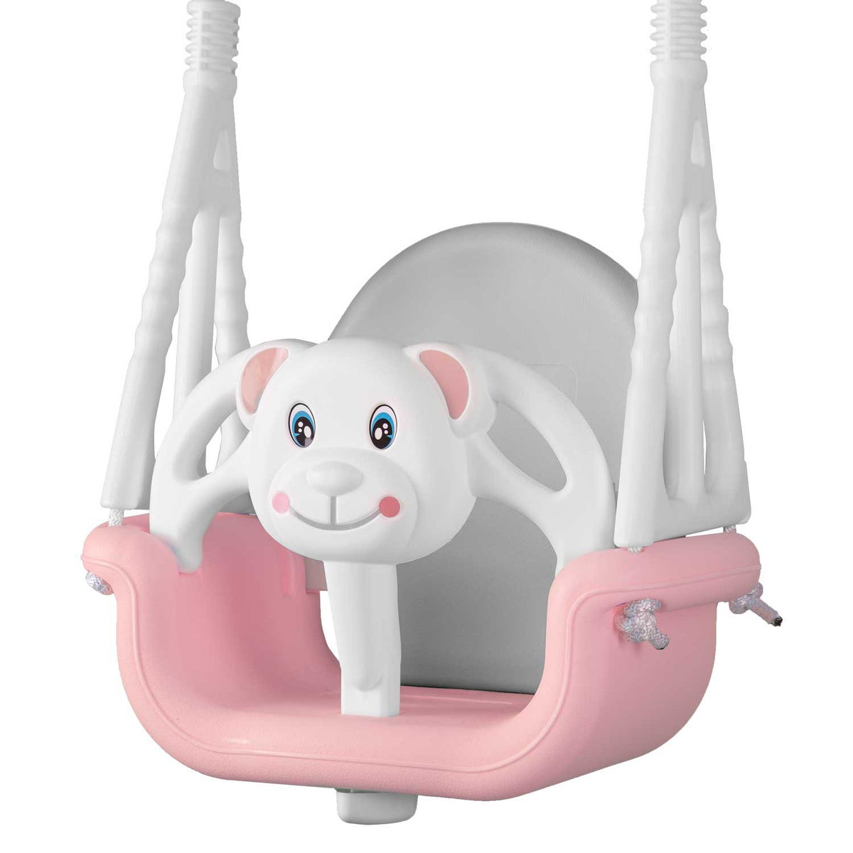 Rožinės 3-in-1 meškiuko formos supynės Ricokids su kibirėliu vaikams nuo 6 mėn iki 7 metų naudojimui namuose ir lauke