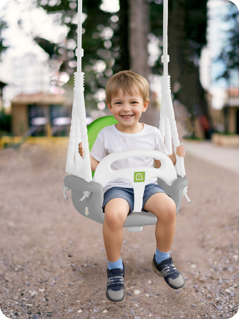 Pilkai žalias Ricokids 3in1 drambliuko kibirėlis supynės vaikams nuo 6 mėn iki 7 metų naudojimui namuose ir lauke