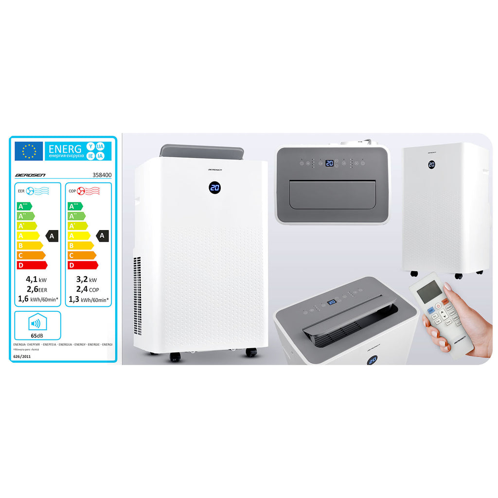 Mobilus oro kondicionierius 14000 BTU su oro sausinimu šildymu ir WiFi valdymu Berdsen 5-in-1 modelis 37l per 24h