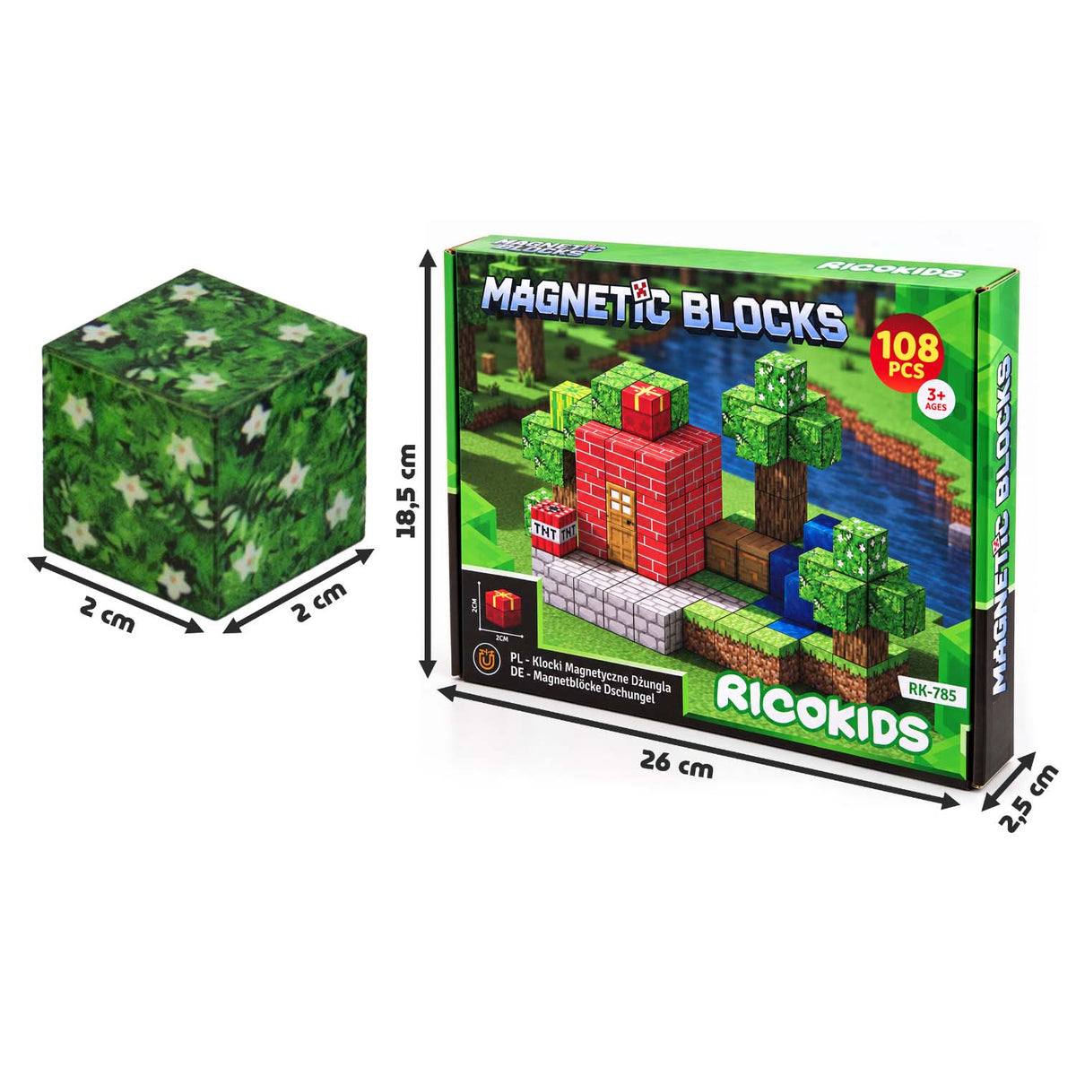 Magnetinis konstruktorius Ricokids, 108 dalys, 2 × 2 cm kaladėlės