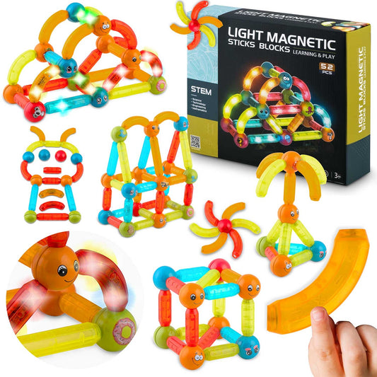 Magnetinės kaladėlės su apšvietimu vaikams Ricokids lavinamasis žaislas daugiau nei 50 detalių su šviečiančiais elementais kūrybiškam žaidimui