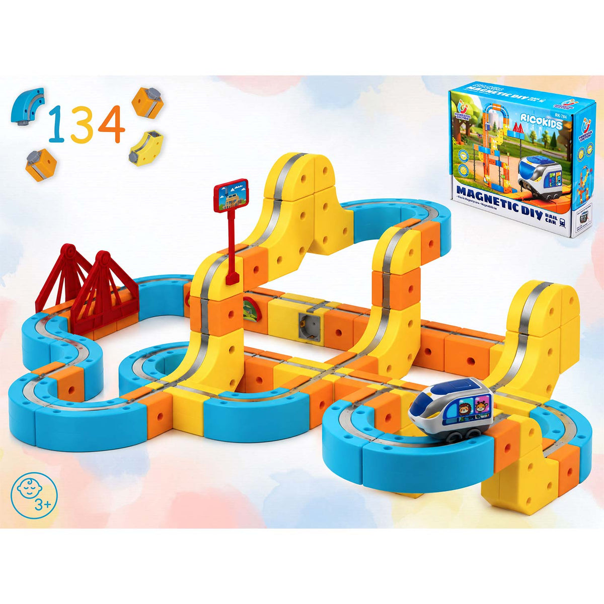Magnetinis elektrinio traukinuko ir konstruktoriaus rinkinys Ricokids, 134 dalys