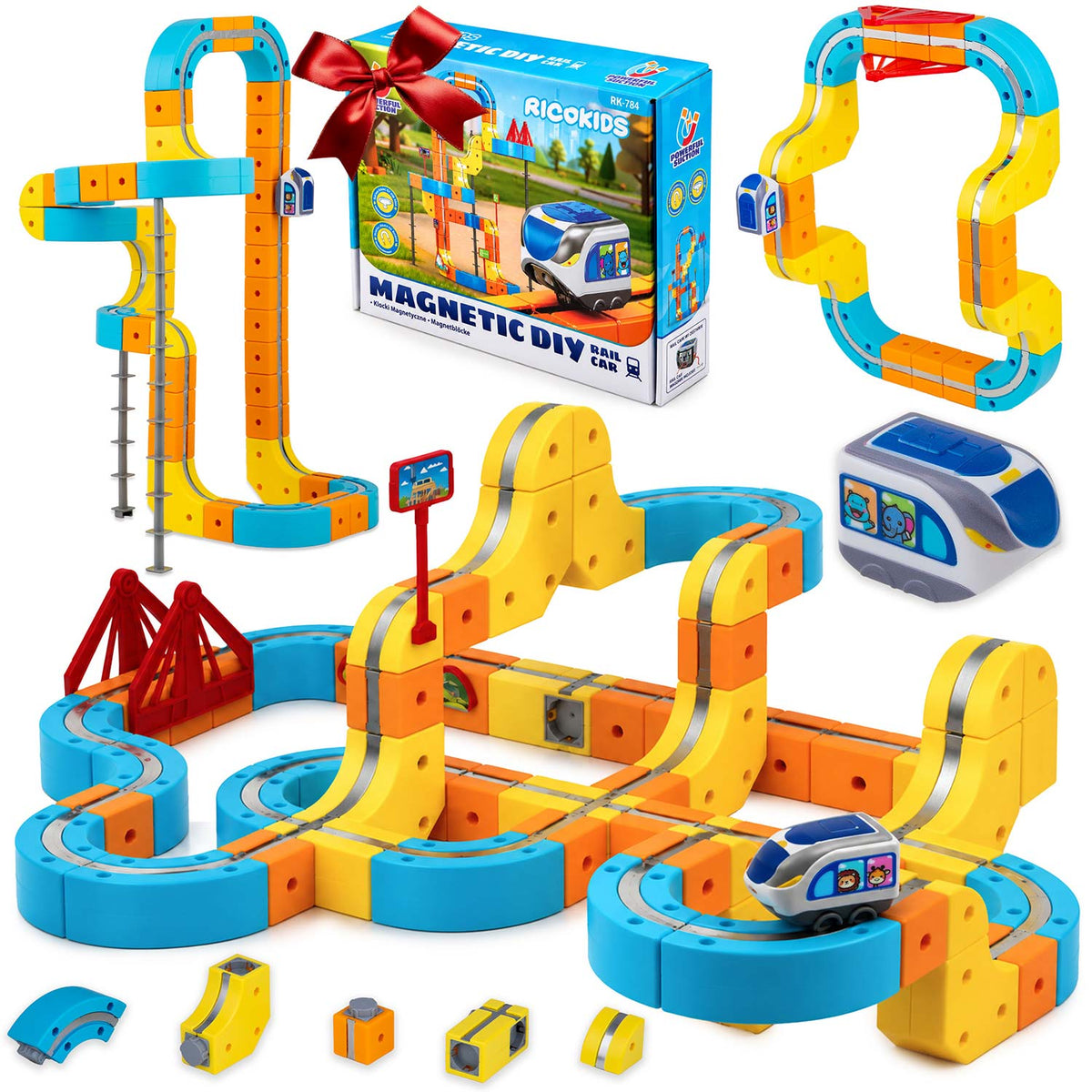 Magnetinis elektrinio traukinuko ir konstruktoriaus rinkinys Ricokids, 134 dalys