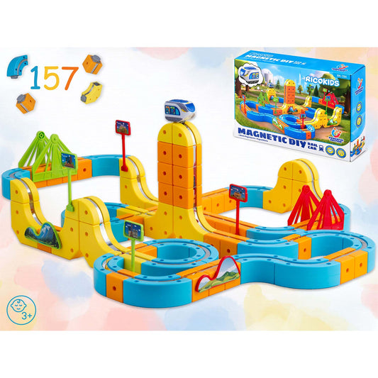 Magnetinis elektrinio traukinuko ir konstruktoriaus rinkinys Ricokids, 157 dalys